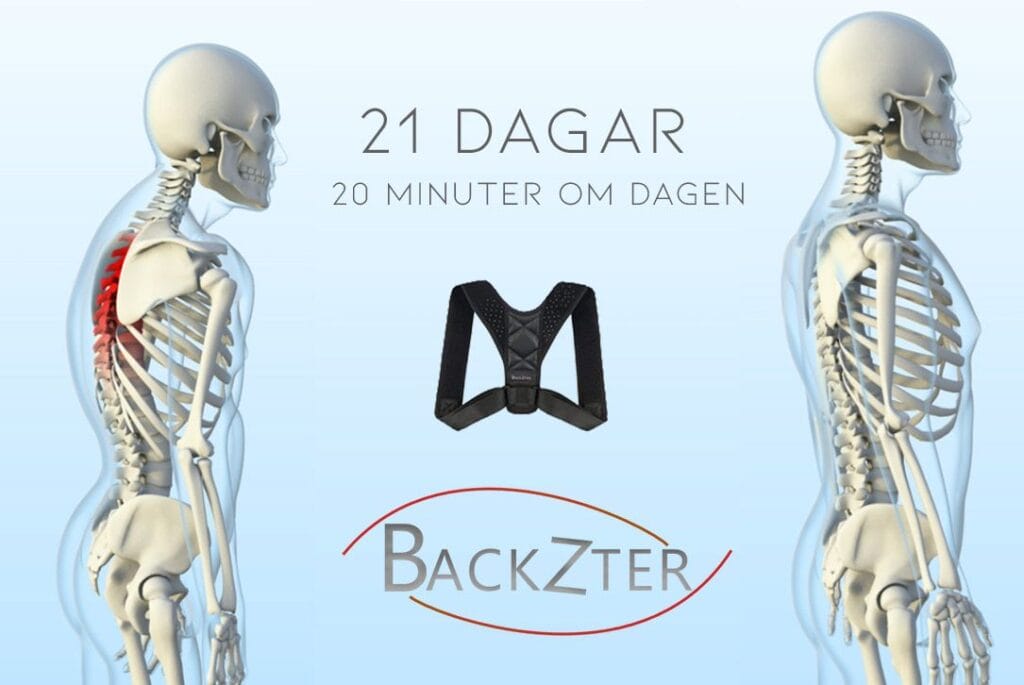 jämförelse mellan två skelett med olika hållning och texten "21 dagar, 20 minuter om dagen", bild på backzter hållningsväst och backzter logga